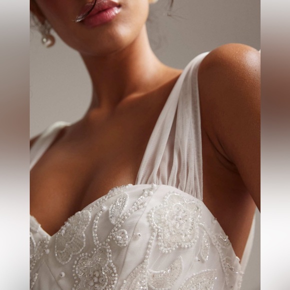 ASOS DESIGN Mila Floral Embellished Mesh Wedding Dress with Tie Straps in Ivory - Picture 4 of 8